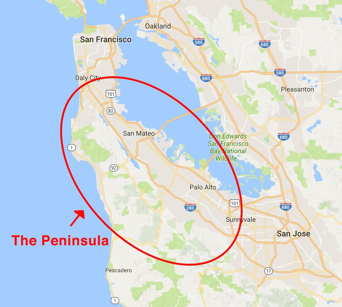 แผนที่ของซานฟรานซิสโก peninsula