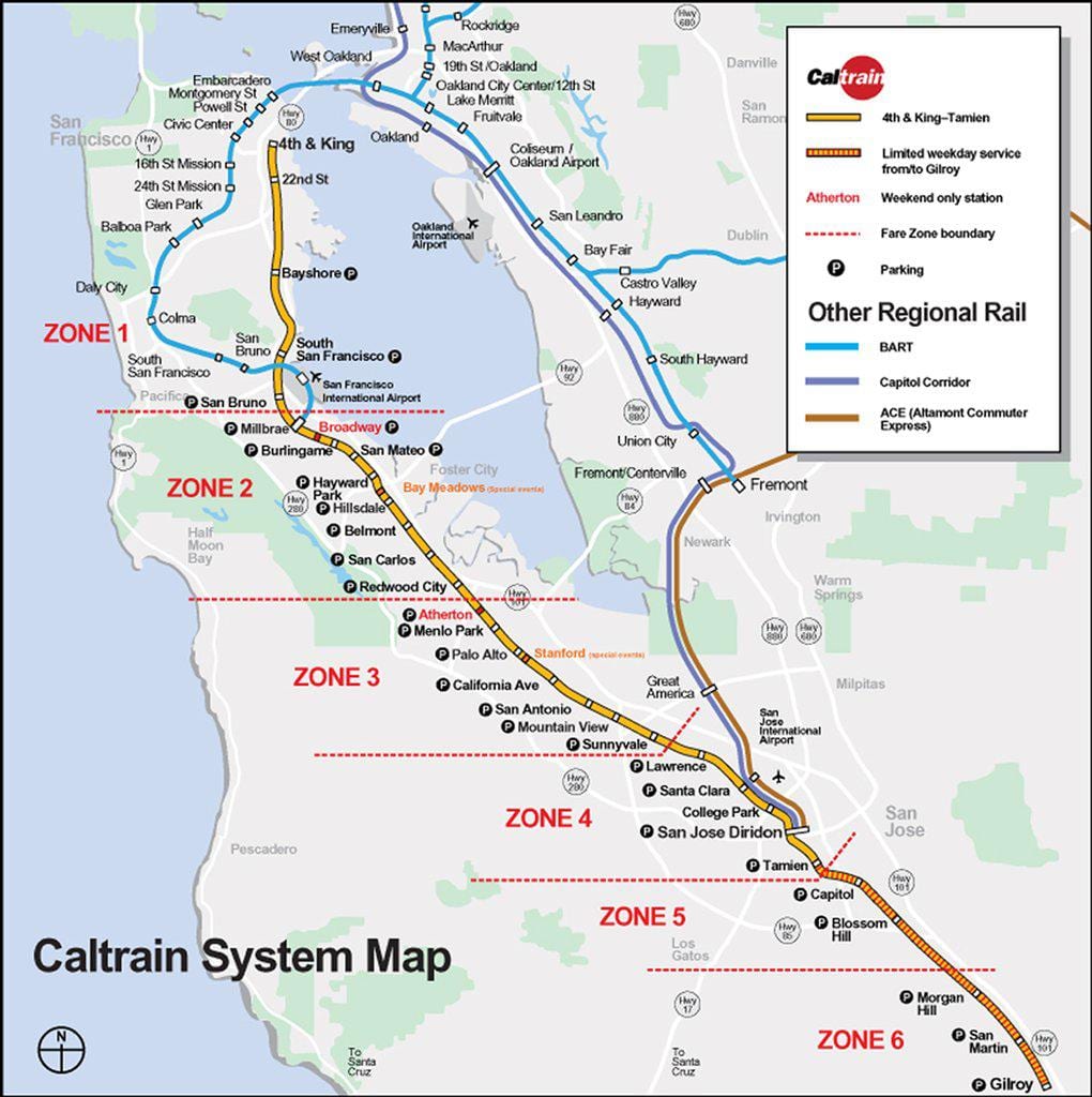 caltrain นแผนที่เส้นทาง
