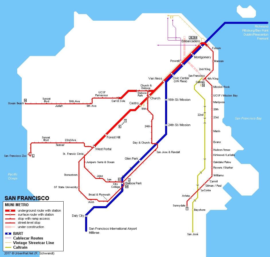 SF muni รถไฟบนแผนที่