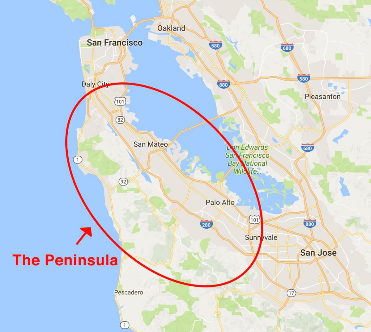 แผนที่ของซานฟรานซิสโก peninsula 