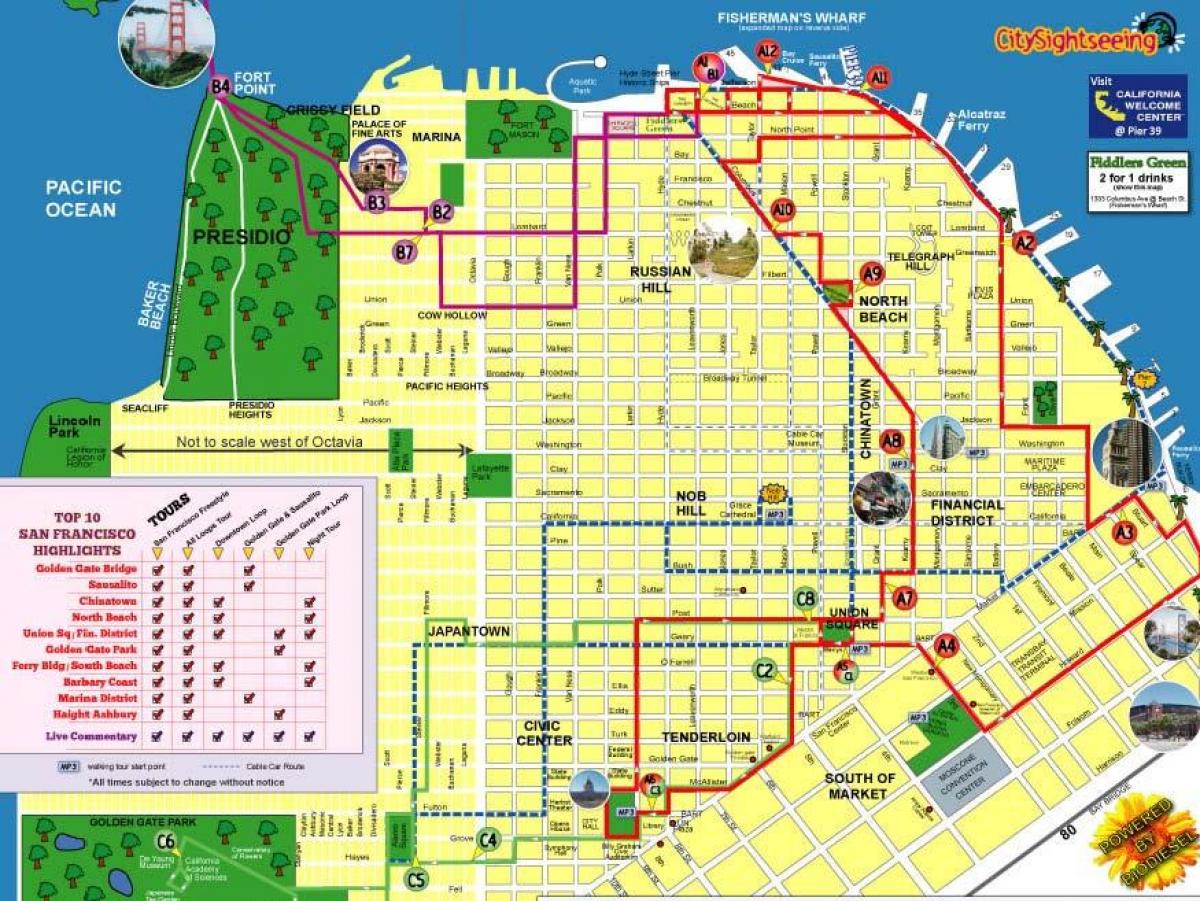 แผนที่ของเมืองเที่ยวชมสถานที่ซานฟรานซิสโกเส้นทาง
