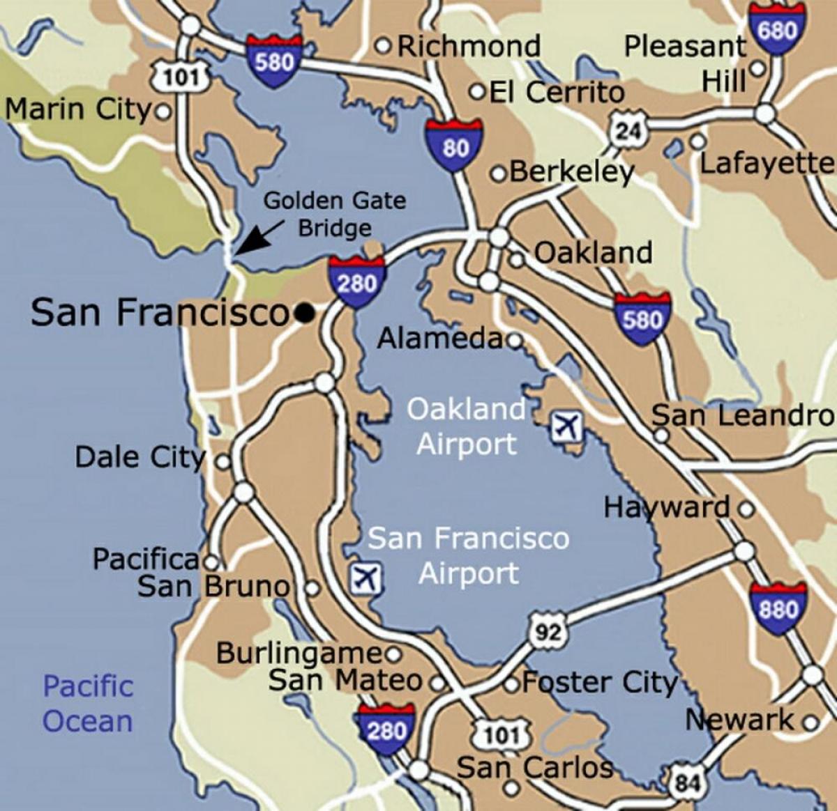 แผนที่ของซานฟรานซิสโกสนามบินและพื้นที่รอบๆบริเวณ